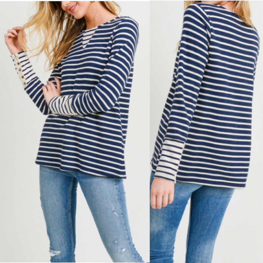 MIX STRIPE SWEATER WITH BUTTON UP SLEEVE DETAIL